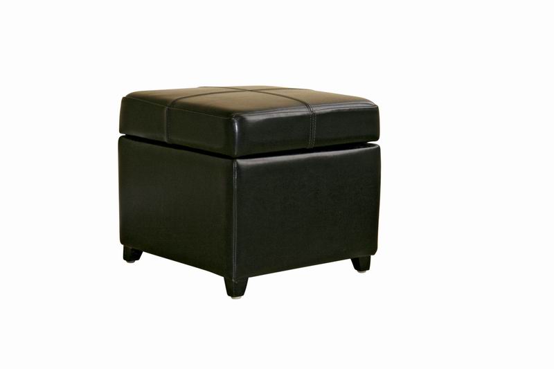 Pandora Black Leather Small Storage Ottoman with Wood Feet